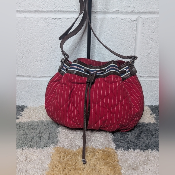 Vera Bradley Drawstring Hobo Bucket Crossbody Red w/ White Stripe Leather Straps - Picture 2 of 4